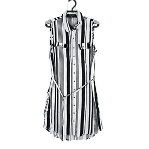 Womens New Look Black & White Striped Sleeveless Shirt Dress Button Up Size M
